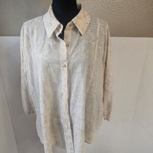 Women Cure Blouse Beige Embroidered Floral Plus Sz 2xl Button Down Casual  P0279